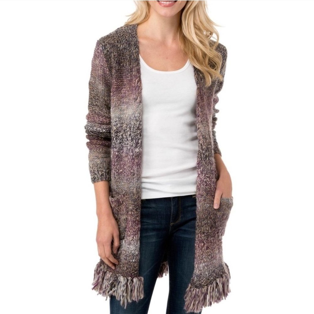 Lucky Brand Long Fringe Multicolor Chunky Cardigan Sweater Small Gray Small